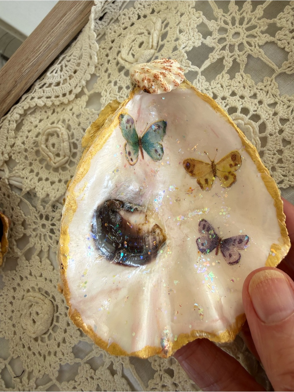 Handmade Butterfly Garden Oyster Shell Trinket Dish 4.5"